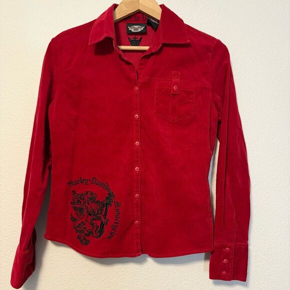 Vintage Harley-Davidson Embroidered Corduroy Red Long Sleeve Button-Down Top Siz - Picture 1 of 8